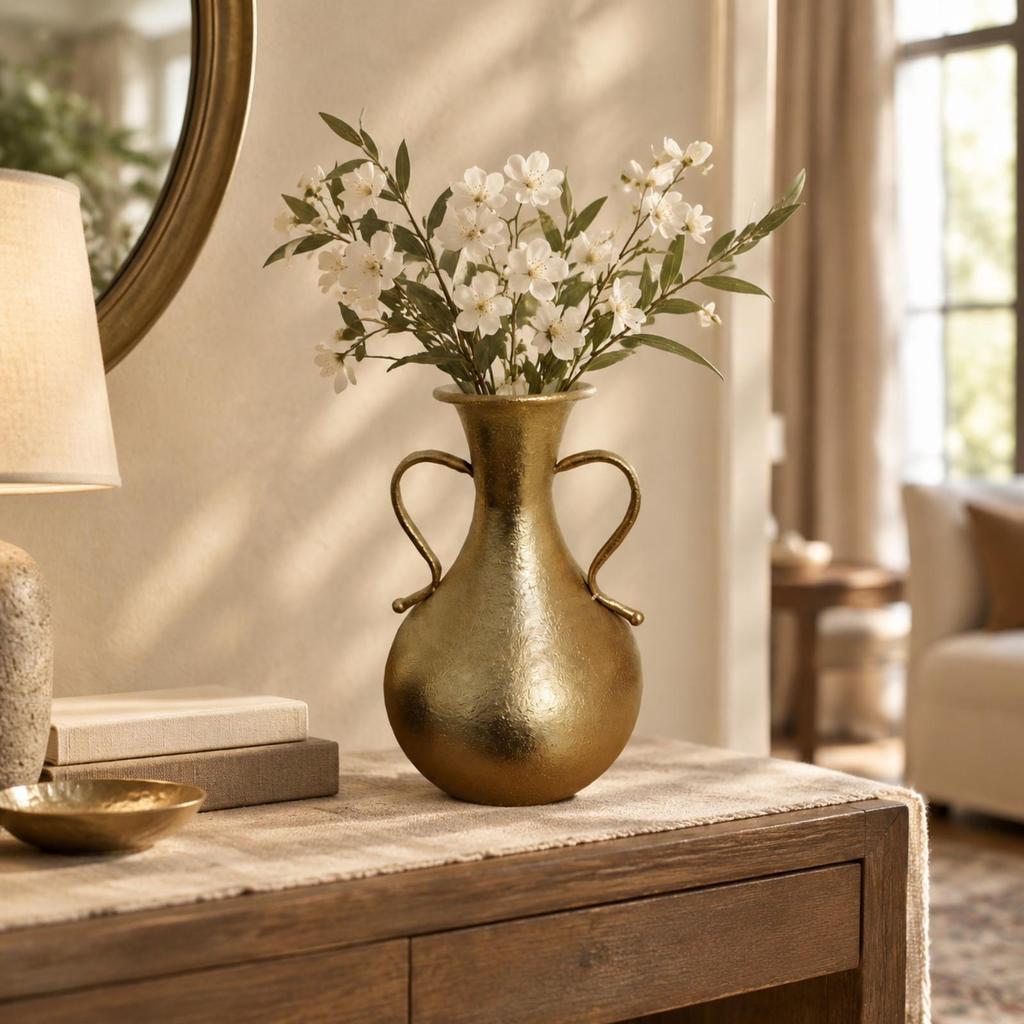 Vase Décoratif en Fer Doré Ampoulé Texturé avec Poignées Latérales Élégant pour