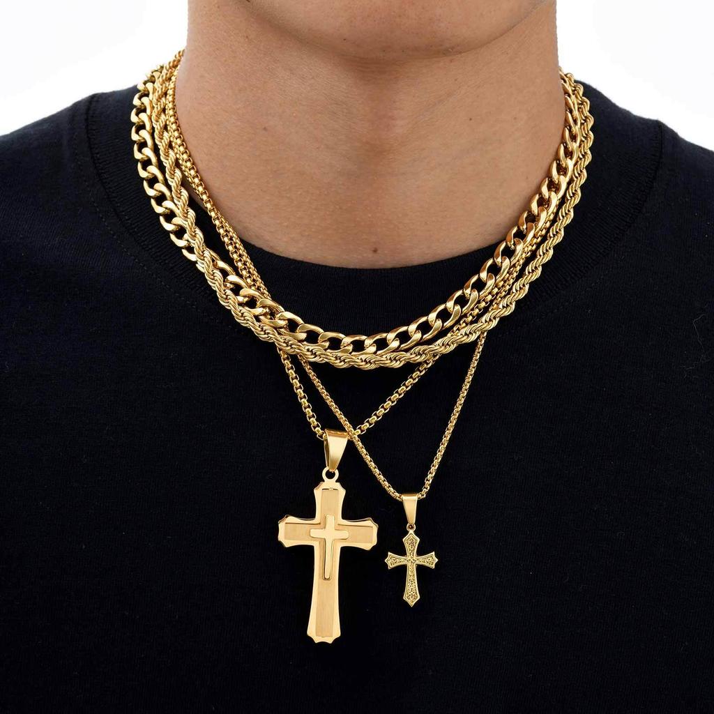 Vnox Men's Stacked Cross Necklace, 50/55/60cm Stainless Steel Cuban Twist Chain, Handsome Neck Collar Boys Teen Gifts