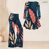 Women Plus Size Round Neck Three Quarter Sleeve Printed Flared Top Flared Pants Two Piece Set