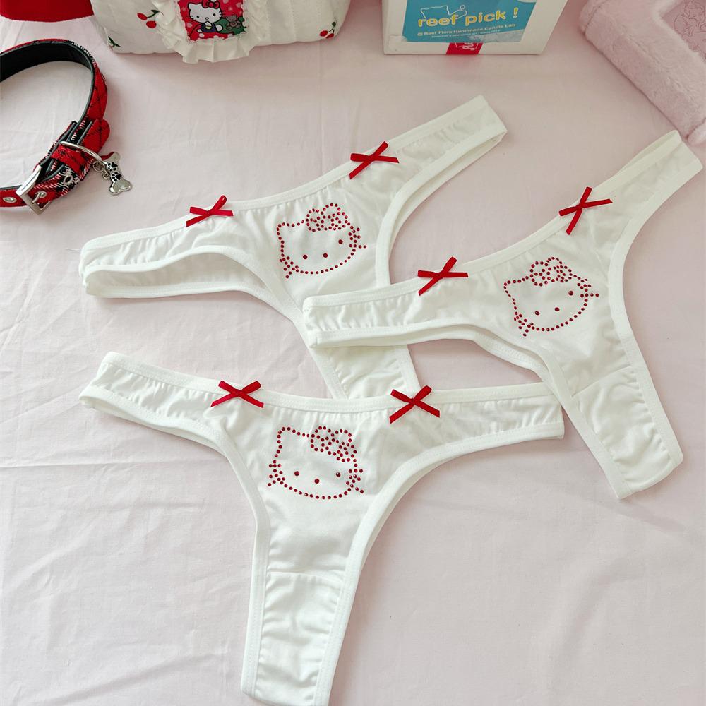 Cute Kitty Rhinestone Bow T-Back Underwear: Pure Cotton, Sporty, Comfortable Thong for Students and Young Women