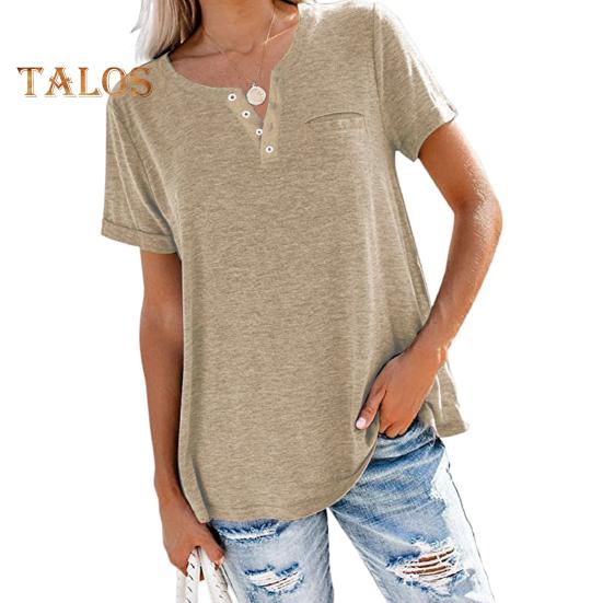 Damen Sommer T-Shirt V-Ausschnitt Kurzarm Knöpfe Ausschnitt T-Shirt Einfarbig Loose Fit Pullover Tops mit Tasche Streetwear