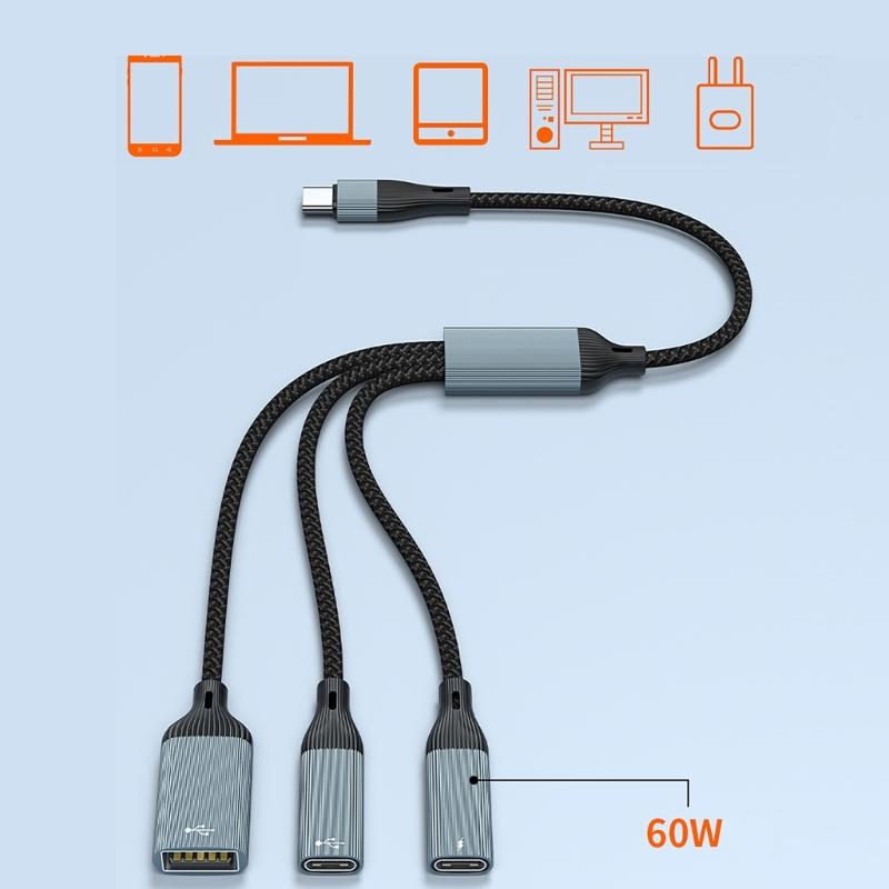 Type C Splitter Cable with 60W Charging and 480Mbps Data Transfer for Phones Tablets Laptops and More