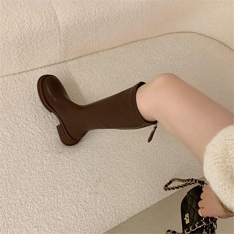 Strong Push~! Huge and Thin! Ins Retro Brown Round Head Thick Sole Medium Heel High Boots Elastic Thin Boots Long Boots