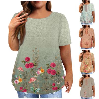 Women's Short Sleeve Shirt Round Neck Plus Size T-Shirt Vintage Printed Casual Tops