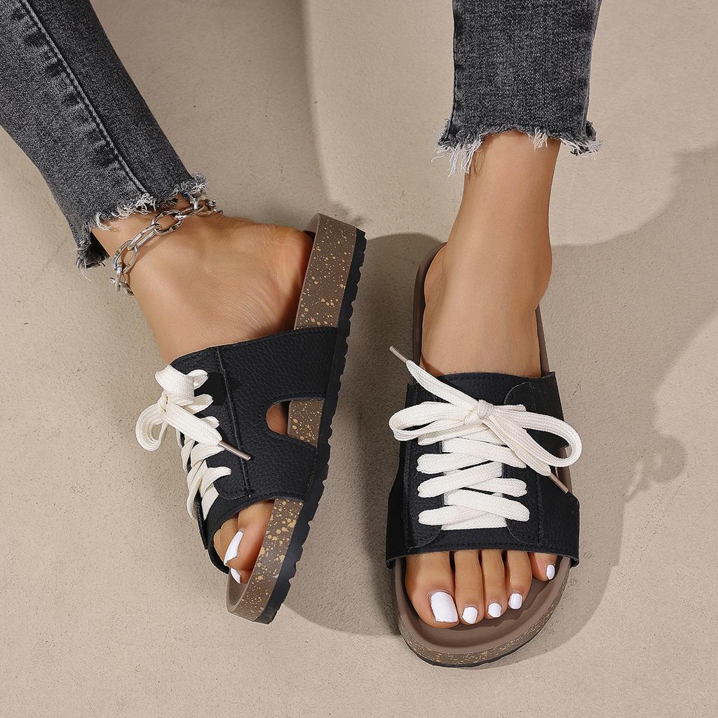 Fashion Large Size Knitted Lace-Up Slippers Womens Casual Shoes 2025 New Flat-Heeled Roman Sandals Thick-Soled Outdoor Beach Shoes