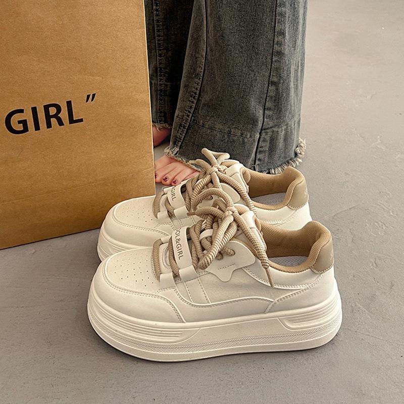 Fashion Milky - Tone Platform Bread Sneakers | Vintage Sweet - Edgy Lace - Up Casual Chunky Shoes