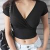 Women Sexy Deep V Neck Crop Tops Summer Casual Short Sleeve Slim Fit Bodycon Wrap T Shirt Blouse