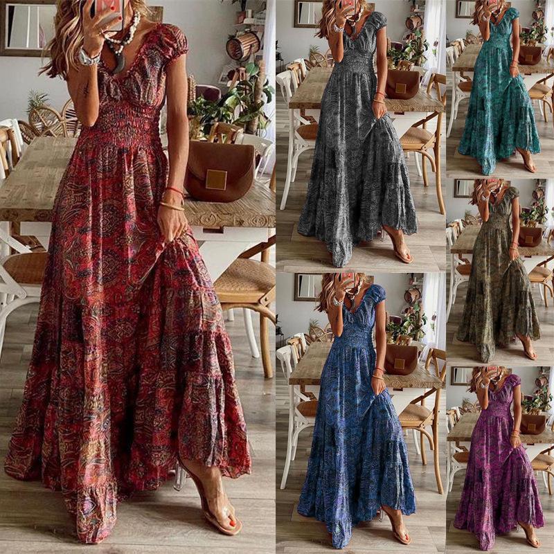 

Women s Floral Print V-Neck Maxi Dress with Short Sleeves, Flowy A-Line Summer Dress in Multiple Colors S сірий колір