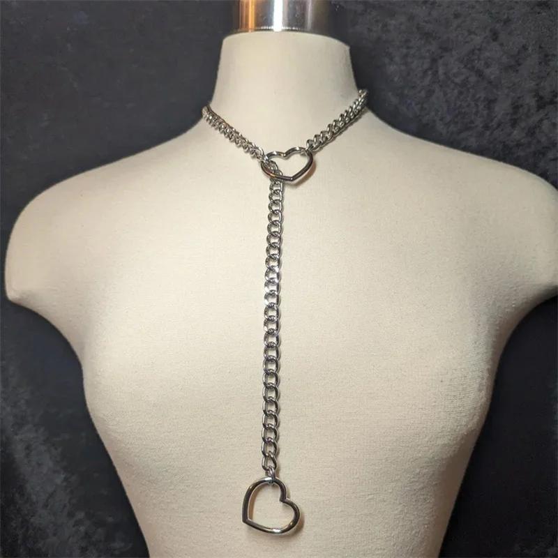 Love Heart Necklace Personality Punk Rock Silver Color Slip Chain Ring Slipchain Choker Collar for Women Men Jewelry Gifts