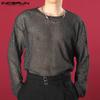 Letní transparentní sexy košile Pánské módní oblečení Síťované topy s dlouhým rukávem Party Slim Hollow Out košile S-5XL