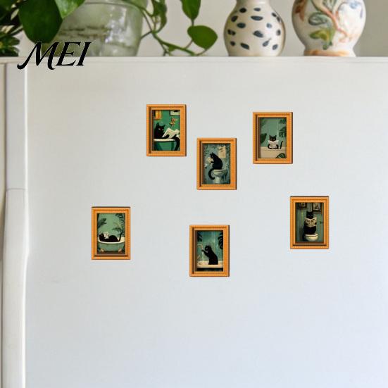 Flexible Magnetic Picture Frames for Fridge Funny Wooden Magnets Frame, Retro Cute Cat in Bathroom Soft Photo Display Set Refrigerator Locker