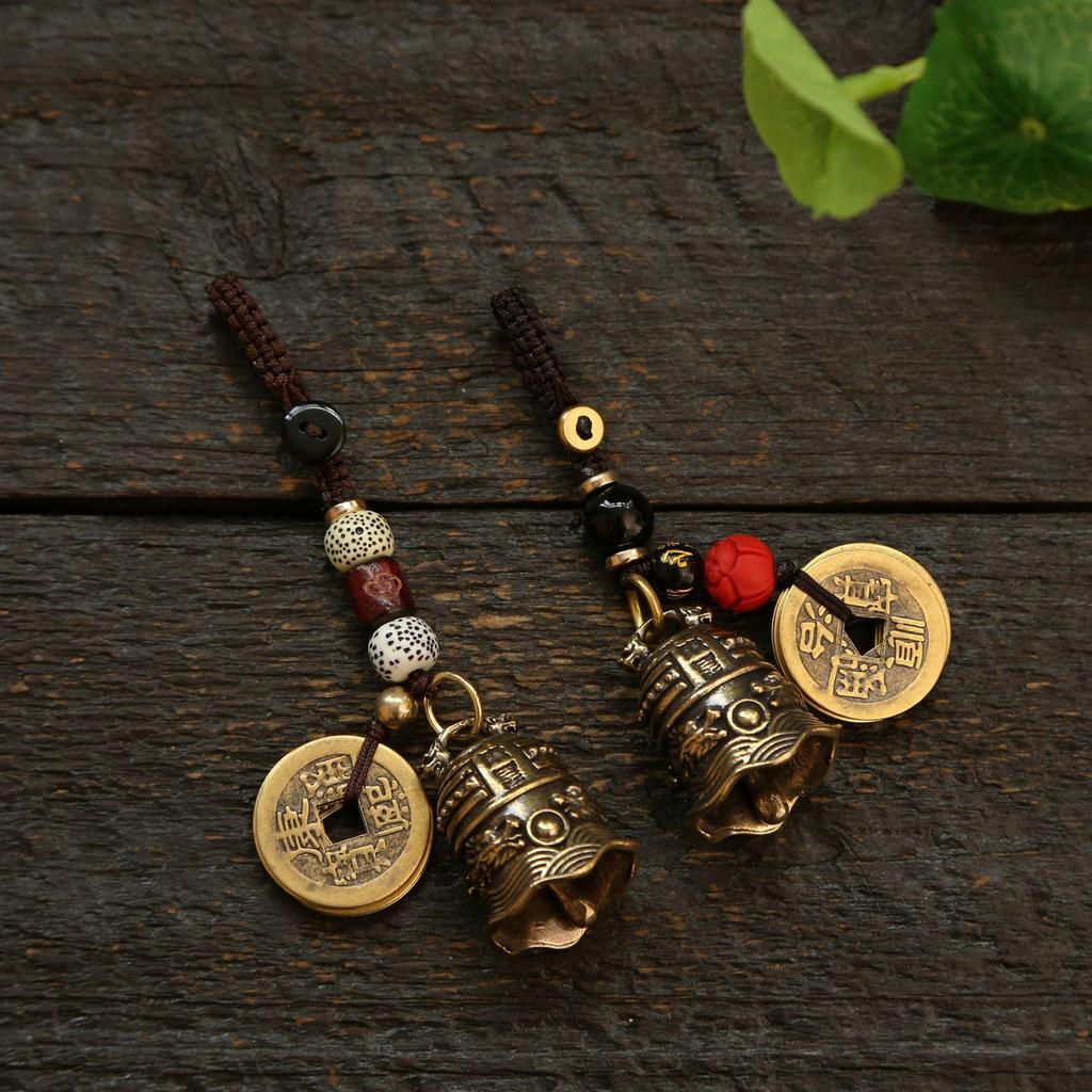 Brass Double Dragon Bell, Retro, Vintage, Car Key Bag Pendant, Handmade Rope, Craftsmanship, Five Emperor Money Accessory