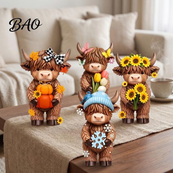 Gift for Besties Colleagues 4 Pcs Seasonal Highland Cow Figurines, Spring Summer Fall Winter Small Animal Statue Bookshelf Seasons Scottish