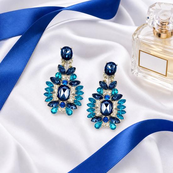 1 Pair Drop Earrings for Women, Geometric Exaggerated Blue Rhinestones Draped Earrings, Retro Palace Style Parties Jewelry