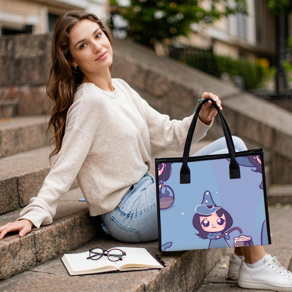 Cute Witch Pattern Tote Bag Casual Large Capacity Portable Shopping Handbag for Daily Use