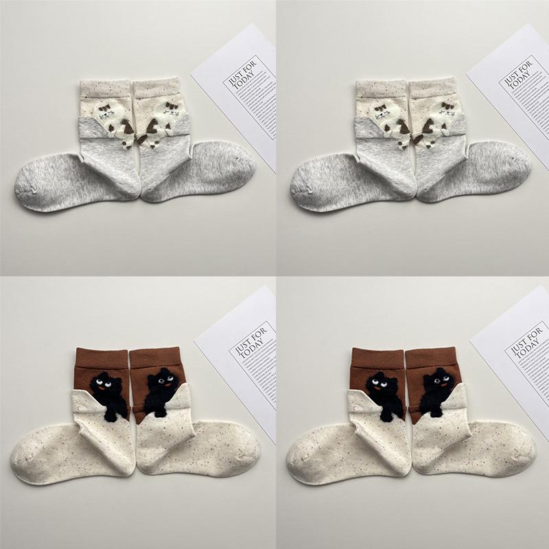 4 Pairs Cartoon Cute Cat Cotton Socks Women Girls Middle Tube Sleep Floor Socks