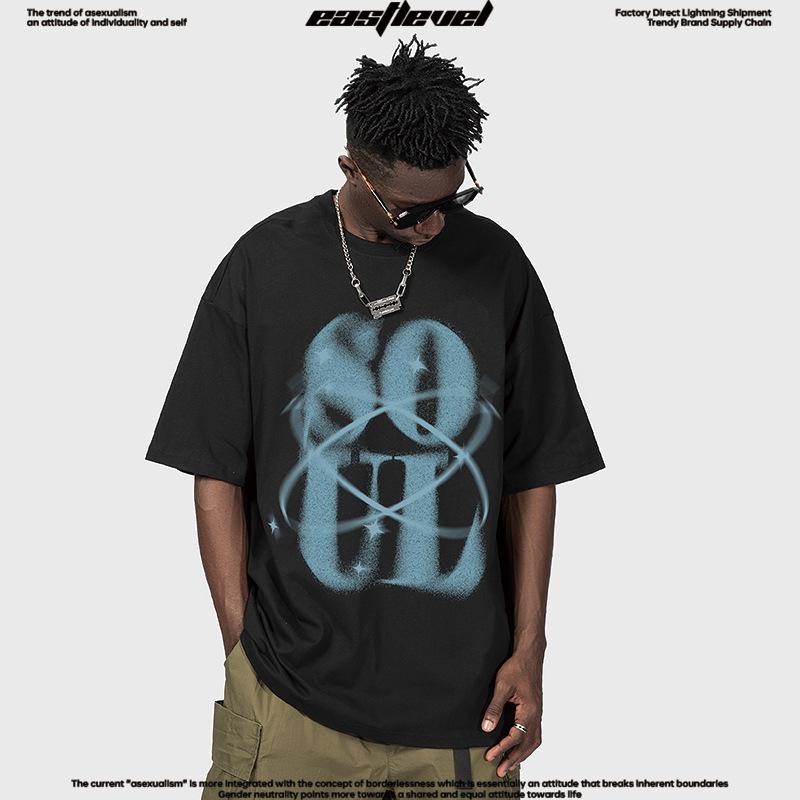 

Trendy American Short Sleeve Fuzzy Letter Print Unisex Loose Casual Cotton T-Shirt L сірий колір