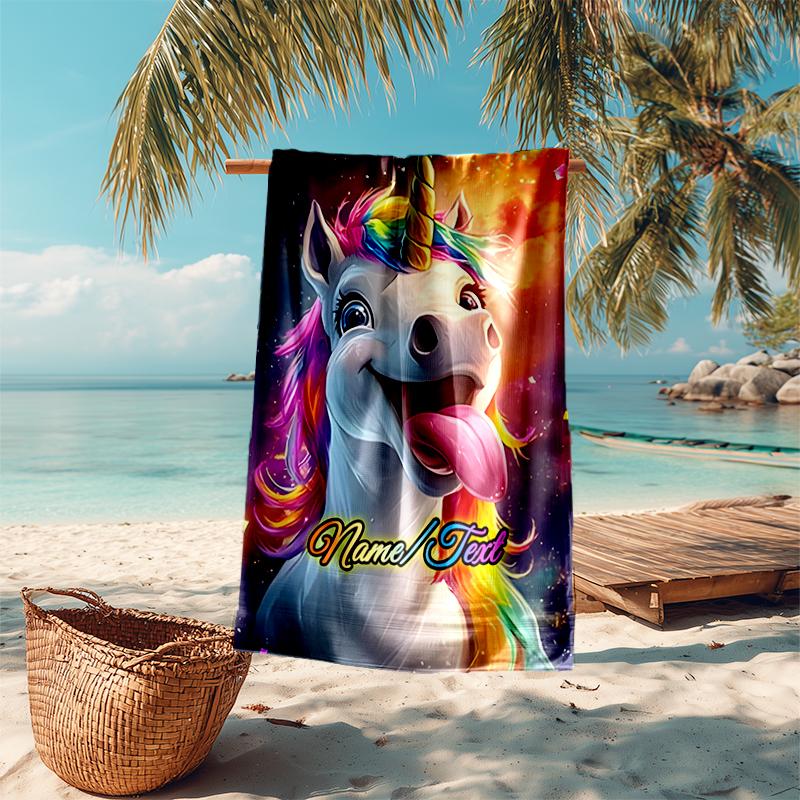 1PC Custom Name Rainbow Unicorn Fantasy Beach Towel Highly Absorbent And Sand-Resistant Towel for Swimming, Pool, Yoga, And Travel Lightweight