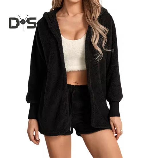 

Комплект из 2 предметов: пальто, шорты, комплект из толстой плюшевой домашней одежды, с капюшоном, длинными рукавами, открытая строчка, теплая куртка, шорты на эластичной резинке на талии M чёрный