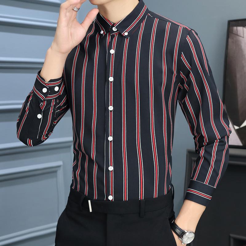 

Осенняя рубашка с длинным рукавом Мужская мода Полосатая рубашка Молодежный корейский повседневный топ 5XL