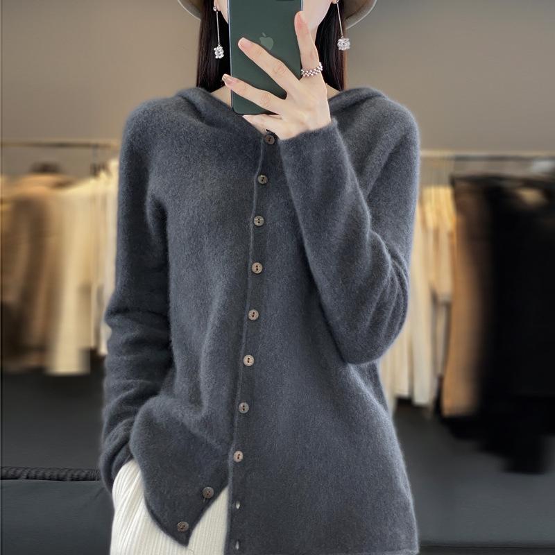 Women's 100% Wool Hooded Cardigan - Versatile Autumn/Winter Pure Color Knit Jacket