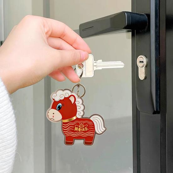 Yousheng 2026 Year of Horse Keychain Pendant Acrylic Red Horse Cartoon Design Metal Ring Key Chain with Happy New Year Blessings Backpack Schoolbag