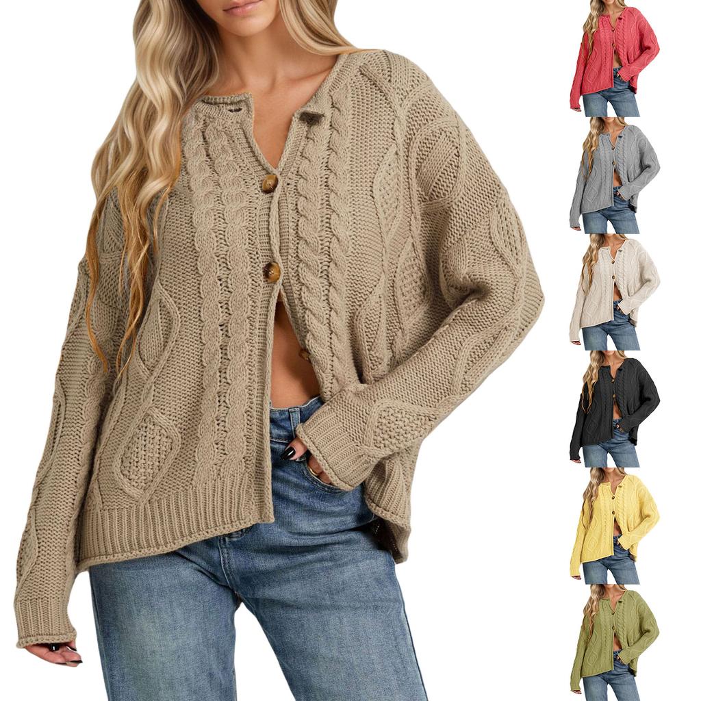 Damen Langarm Zopfmuster Strickjacke Farbe Lässiger Pullover Top