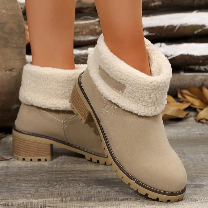 Fashion Women Boots Winter Fashion New Casual Comfortable Shoes Plus Velvet Warm Square Heel Round Toe Solid Color Ankle Boots Women