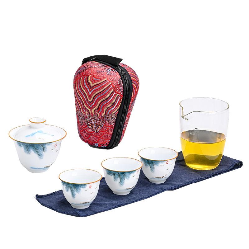 Hand-painted travel express cup Kung Fu tea set portable small set one pot three cups outdoor car ceramic tea maker