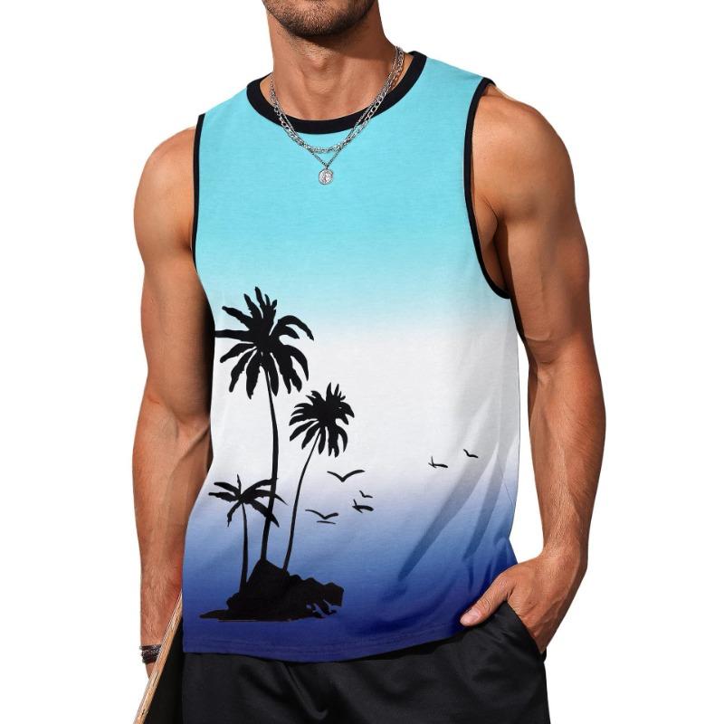 Muscle Man 3D Digital Printed Pattern Tank Top Sleeveless Beach Hawaiian Coconut Tree Tank Top Clothes