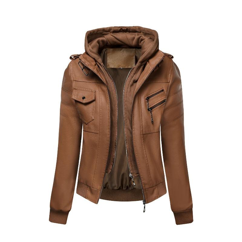 Hooded Leather Jacket Autumn Women`s Faux