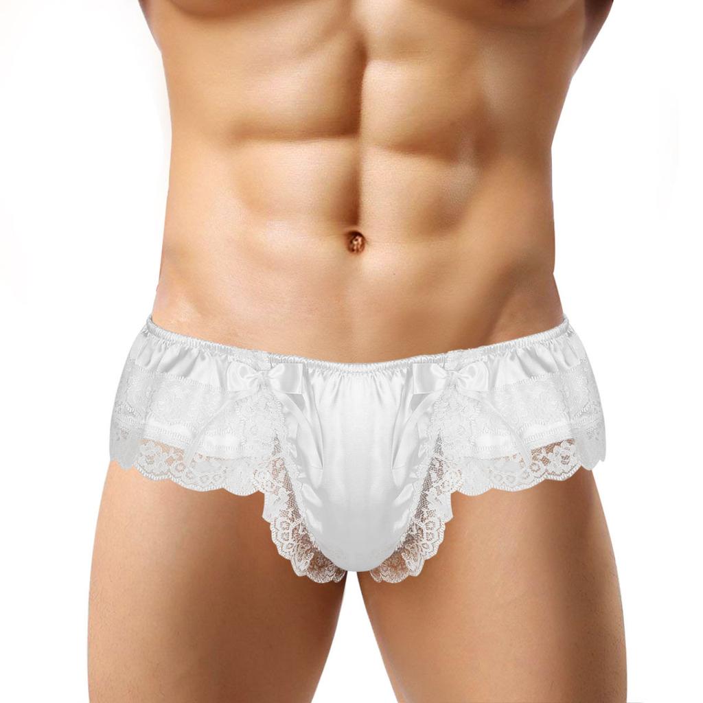 Men's Sissy Frilly Ruffled Lace Trim Crossdress Underwear G-String Thongs Briefs Panties