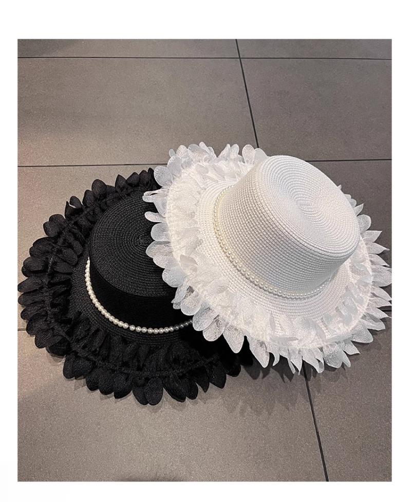 Elegant Lace Straw Hat Women'S Summer Outdoor Wide Brim Sunscreen Sunshade Vacation Sun Hat New Pearl Top Hat