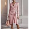 European and American New Models, Autumn Fashion Cross V-neck Waist Solid Color Long-sleeved Dress Women's Clothing