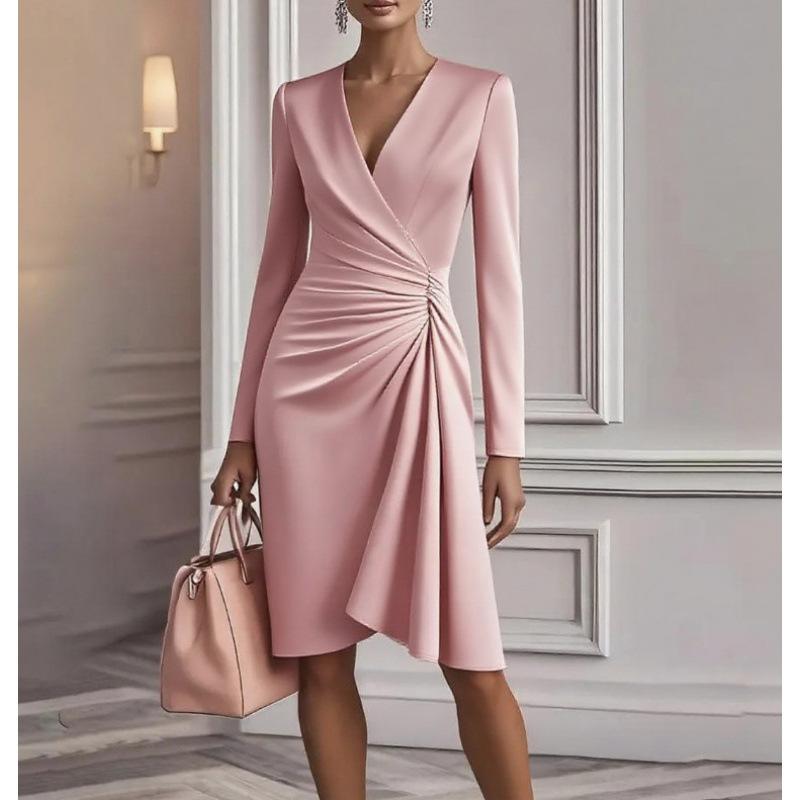 European and American New Models, Autumn Fashion Cross V-neck Waist Solid Color Long-sleeved Dress Women's Clothing