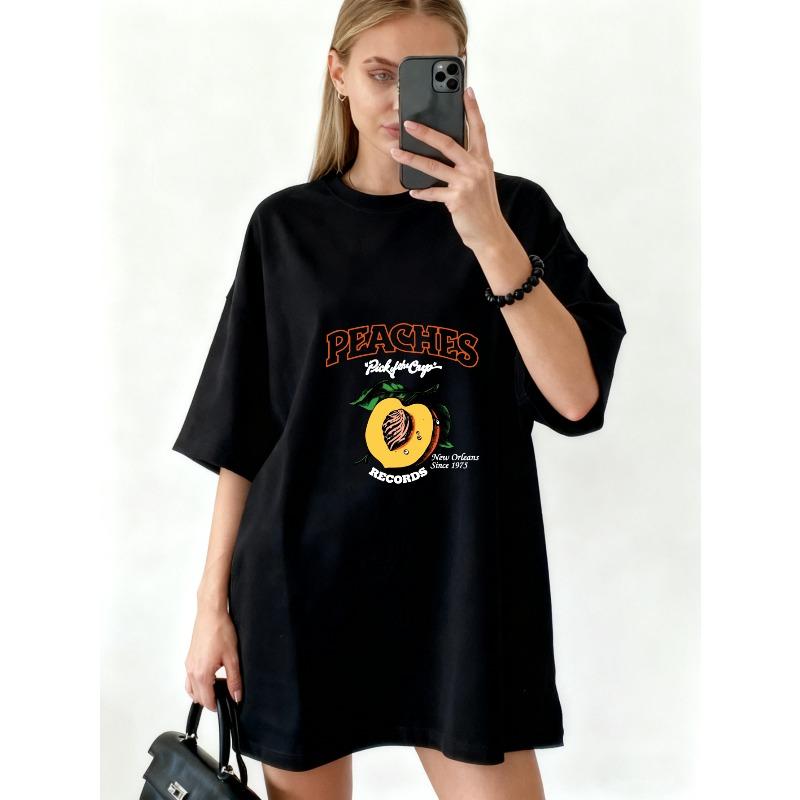 Übergroßes T-Shirt Schwarz Peaches Records Grafikdruck Mit Pfirsich Und Textdesign Für Freizeitkleidung Und Streetstyle