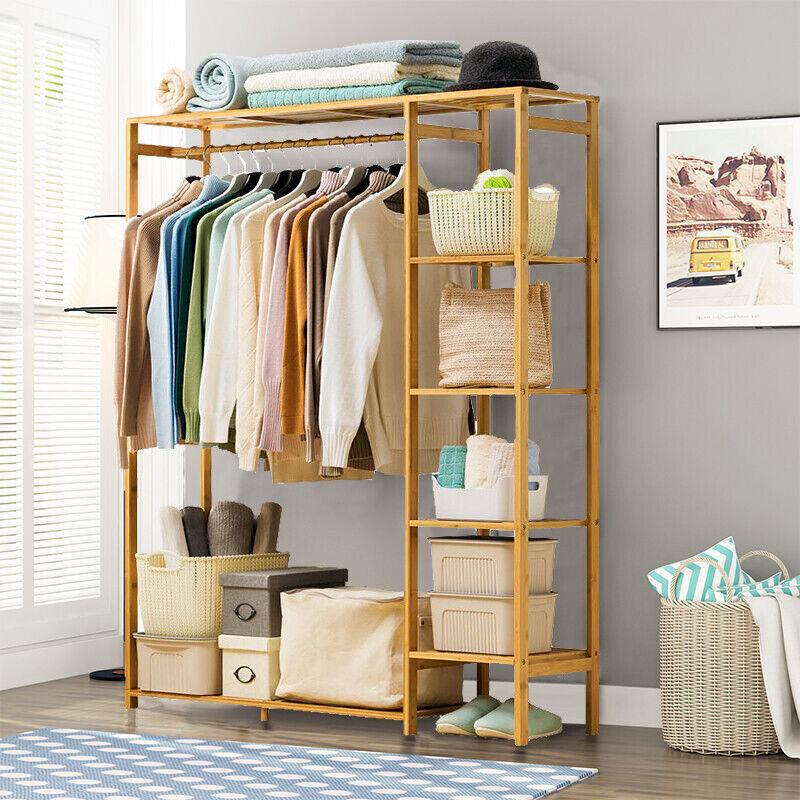 Kleiderständer aus Bambusholz mit Regalen, Kleiderständer zum Aufhängen für Kinder, Kinder und Erwachsene, Stoff, Schuh- und Mantelaufbewahrung, Organisation