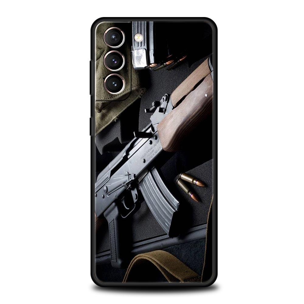 AK47 Handgun Gun BUllets Phone Case For Samsung Galaxy S23 Ultra S22 S21 S20 FE 5G S10 S10E S9 S8 Plus Note 20 Soft Black Cover