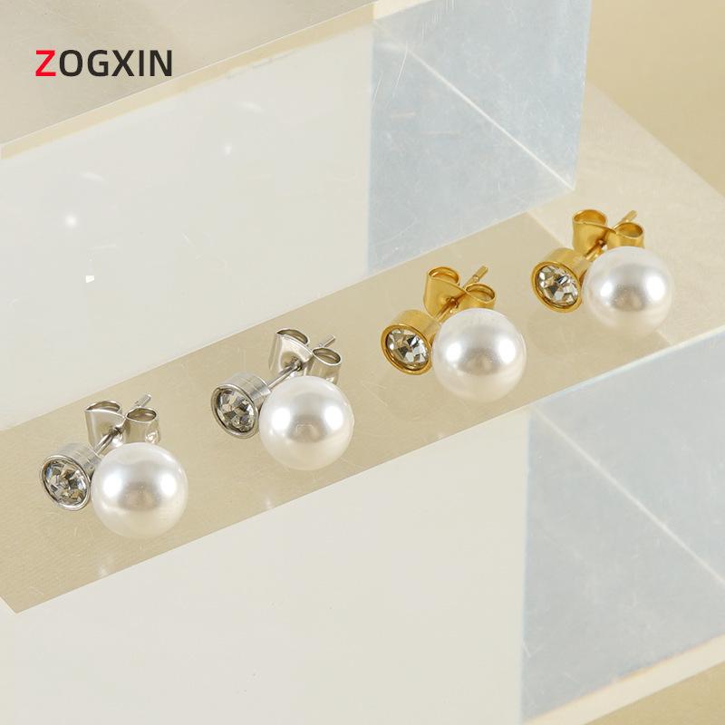

European & American Fashion Pearl Diamond Stud Earrings in Titanium Steel 18k - Versatile Stainless Steel Style for Women