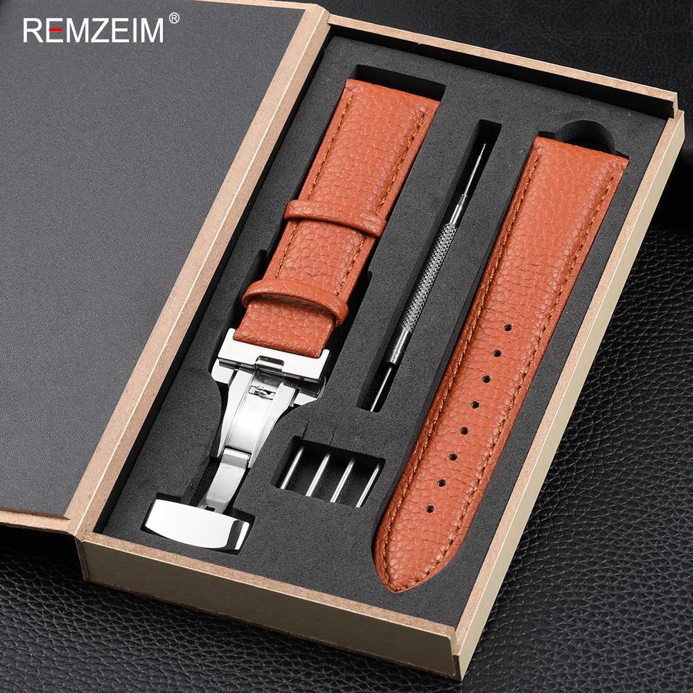 

Litchi Pattern Design Leather Wrist Band 18mm 20mm 22mm Men Women Strap with Butterfly Buckle Gift Box Packaging Watchband 22mm