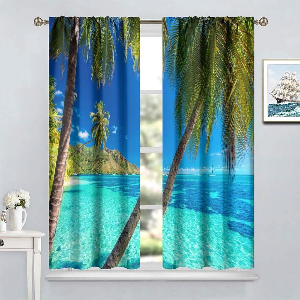 Tende Palma Oceanica Arredamento Casa Estate Tropicale Spiaggia Tema Hawaiano Stampa Scenario Blu Costiero Tenda Finestra con Tasca per Asta Poliestere