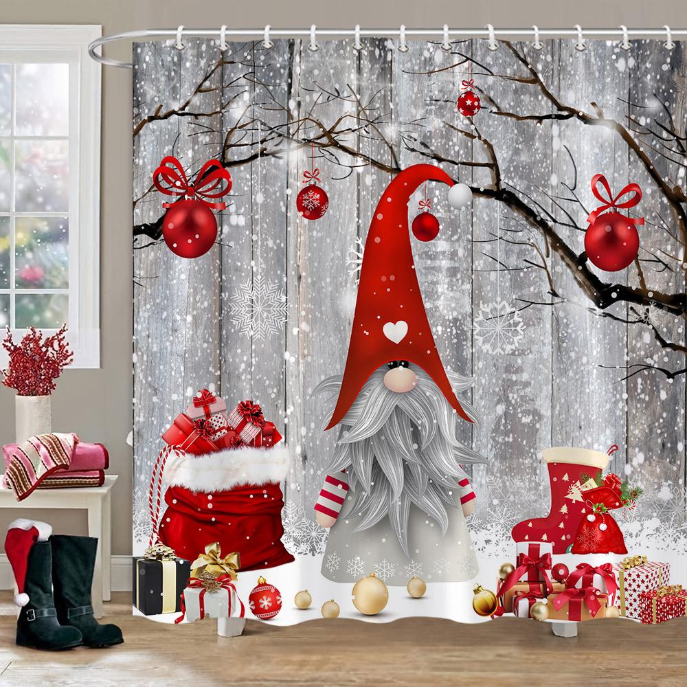 Winter Christmas Shower Curtain Red Truck Snowman Reindeer Snowy Farmhouse Bath Curtain Washable Polyester Fabric Bathroom Decor