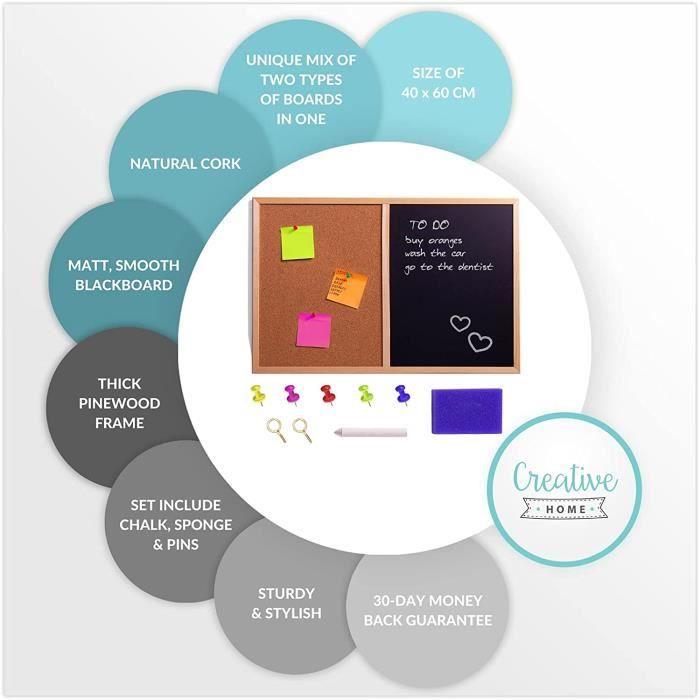 Tableau Mural - Creative Home - 60 X 40 Cm - Liege Et Craie Noir - Cadre En Pin - Eponge Et Epingles Incluses