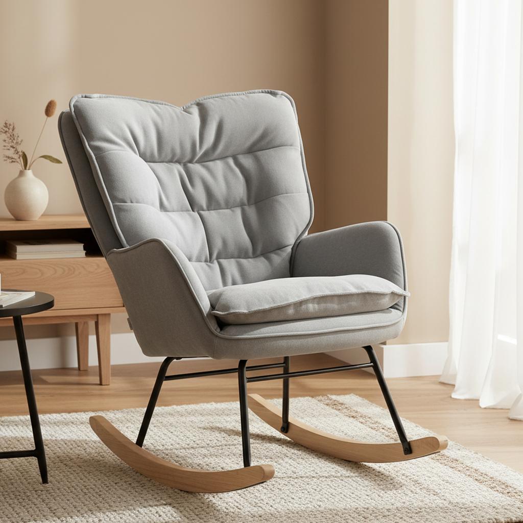 Rocking Chair, Beech Wood Legs, Armrests, 120 kg Load, Grey