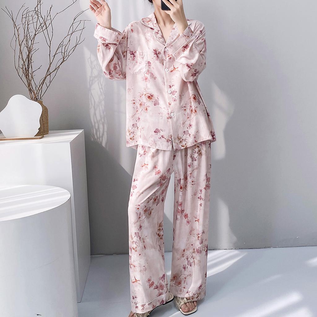 Sweet wind floral pajamas women's spring and summer long-sleeved cardigan loungewear spring and autumn thin national style cotton and silk suit can