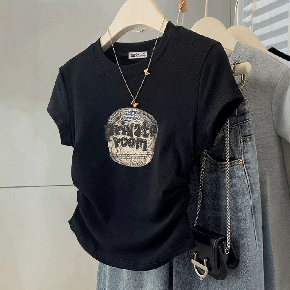 Women Korean Style Crew Neck Short Sleeve T-Shirt Ruched Waist Printed Slim Cropped Summer Casual Ladies Top
