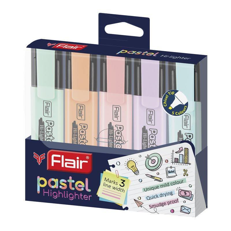 Flair Pastel 5 Shades Highlighter Pack of 1 | Quick Dry, Smudge Proof, Non-Toxic Ink for School, Office & Journaling