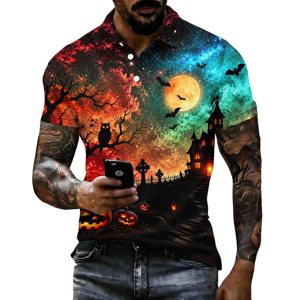 Unisex Loose Fit Casual Short Sleeve Polo Shirt with Halloween Themed Print for Everyday and Seasonal Wear