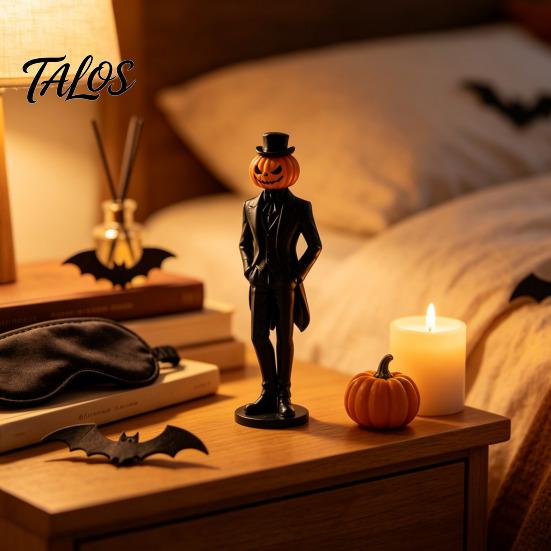 Stable Base Display Piece Pumpkin Gentleman Figurine, Halloween Head Man Statue, Spooky Horror Retro Desktop Decor 3D Printed Ornament for Shelf