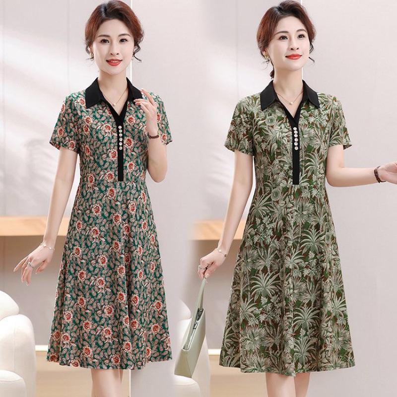 Elegant Summer Lapel Slimming Dress for Middle-aged and Elderly Women